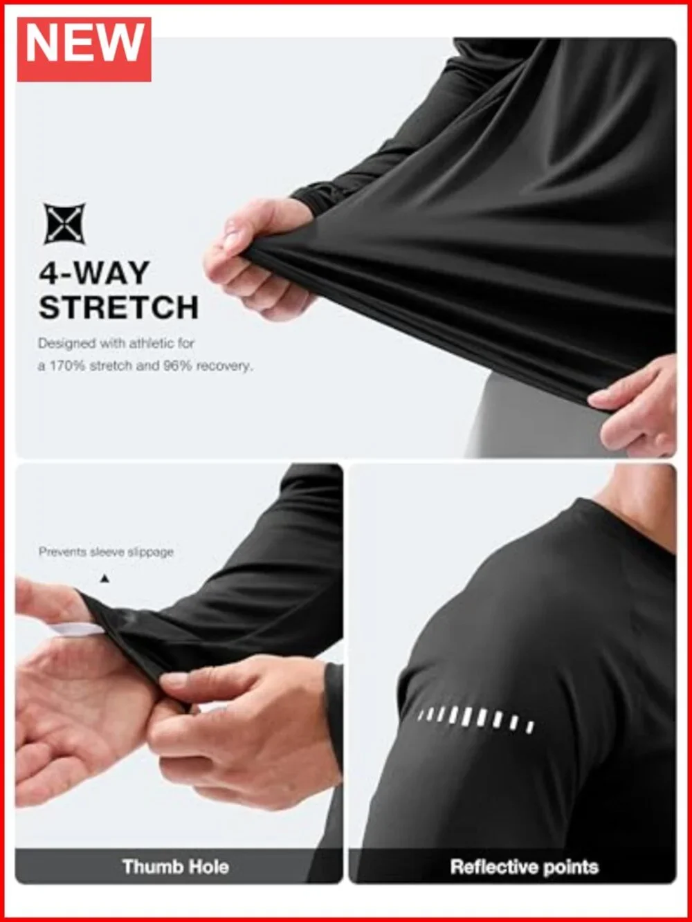 Men's UPF 50+ Long Sleeve Rash Guard, Quick-Dry UV Protection Shirt, Reflective